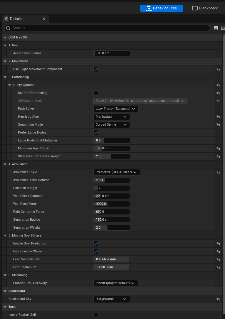The LCM Fly To task Details panel, showing sections 1 Goal, 2 Movement, 3 Pathfinding, 4 Avoidance, 5 Moving Goal and 6 Streaming