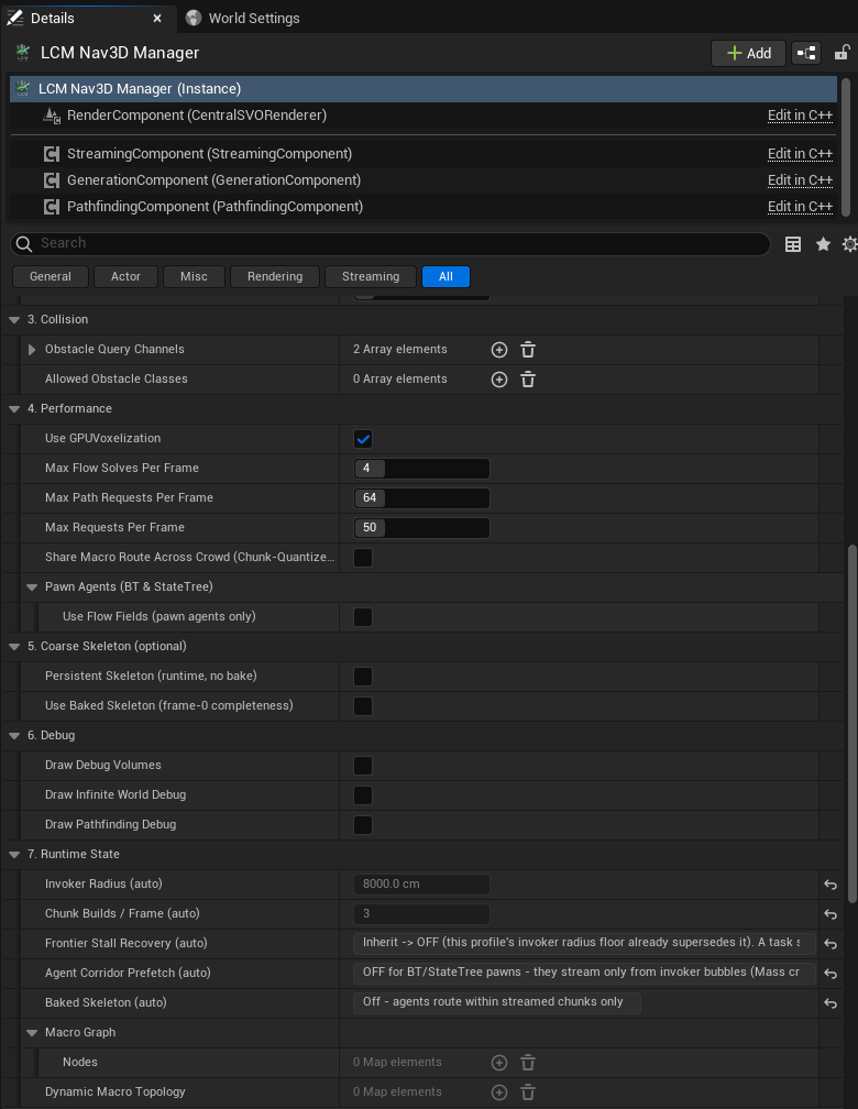 Manager Details, lower half: sections 3 Collision, 4 Performance, 5 Coarse Skeleton, 6 Debug and 7 Runtime State