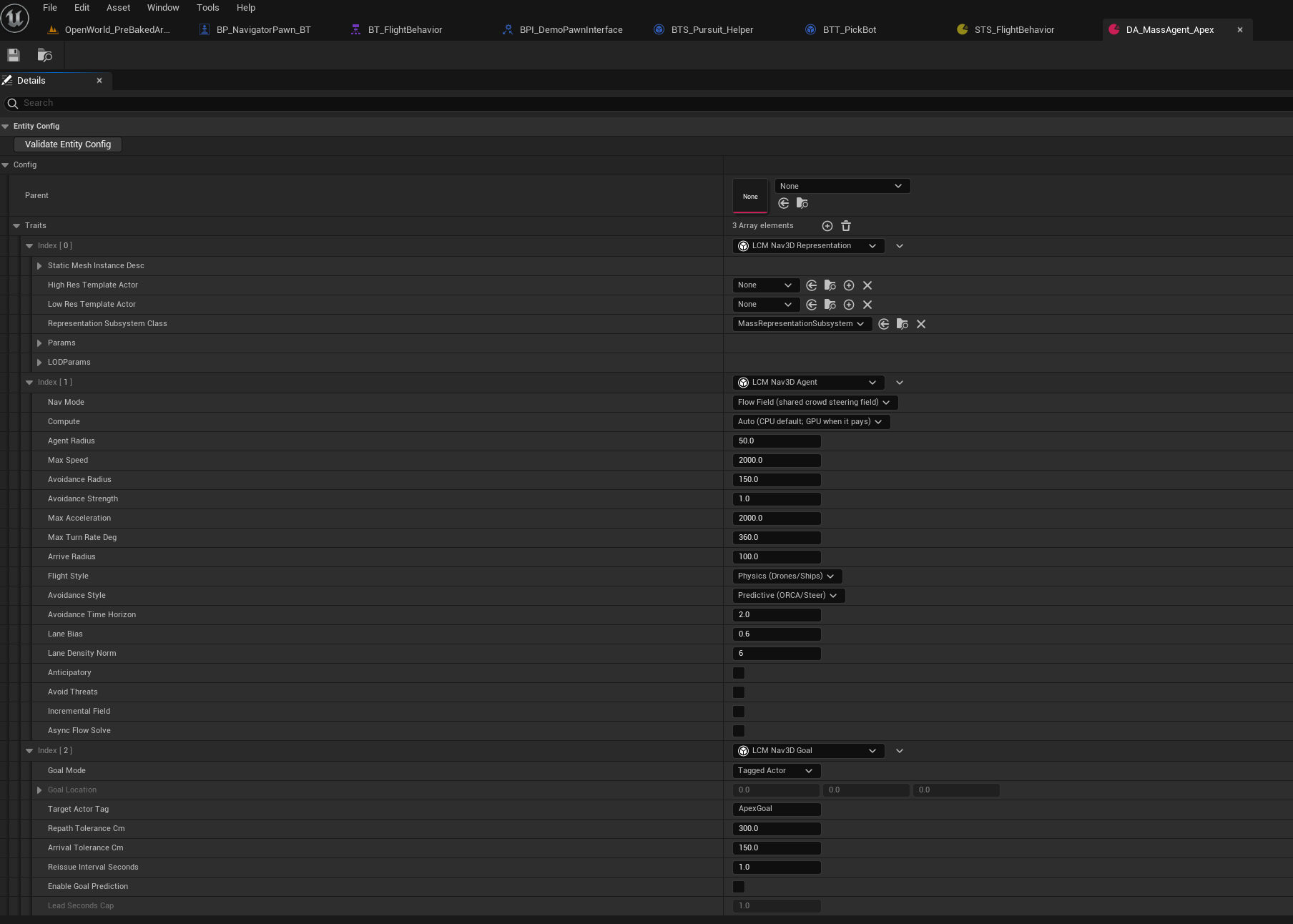 A Mass Entity Config asset with Nav3D traits