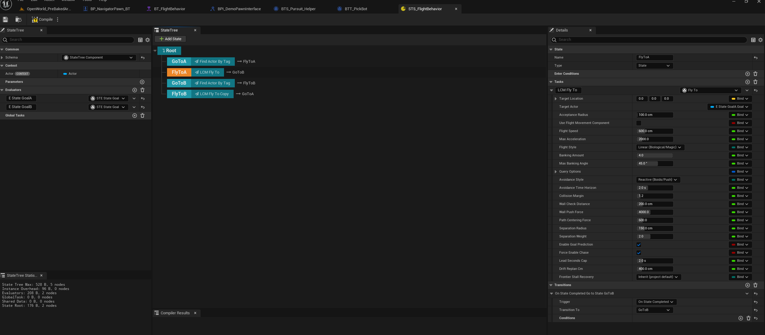 A StateTree driving a flying agent