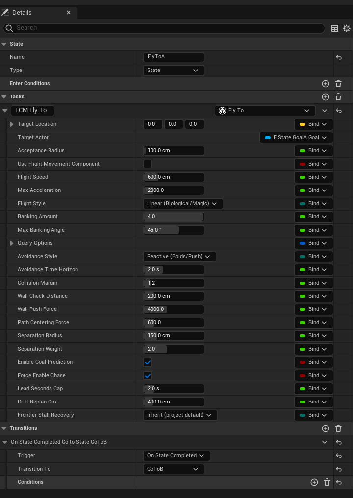 The LCM Fly To StateTree task Details panel, every row carrying a Bind control on the right