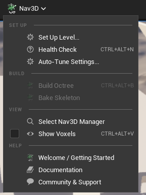 The Nav3D toolbar menu, grouped into Set Up, Build, View and Help