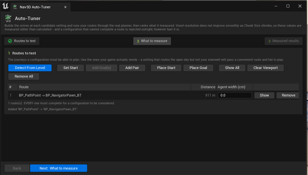 Auto-Tuner step 1 with one route listed, showing the # / Route / Distance / Agent width columns and Show and Remove buttons
