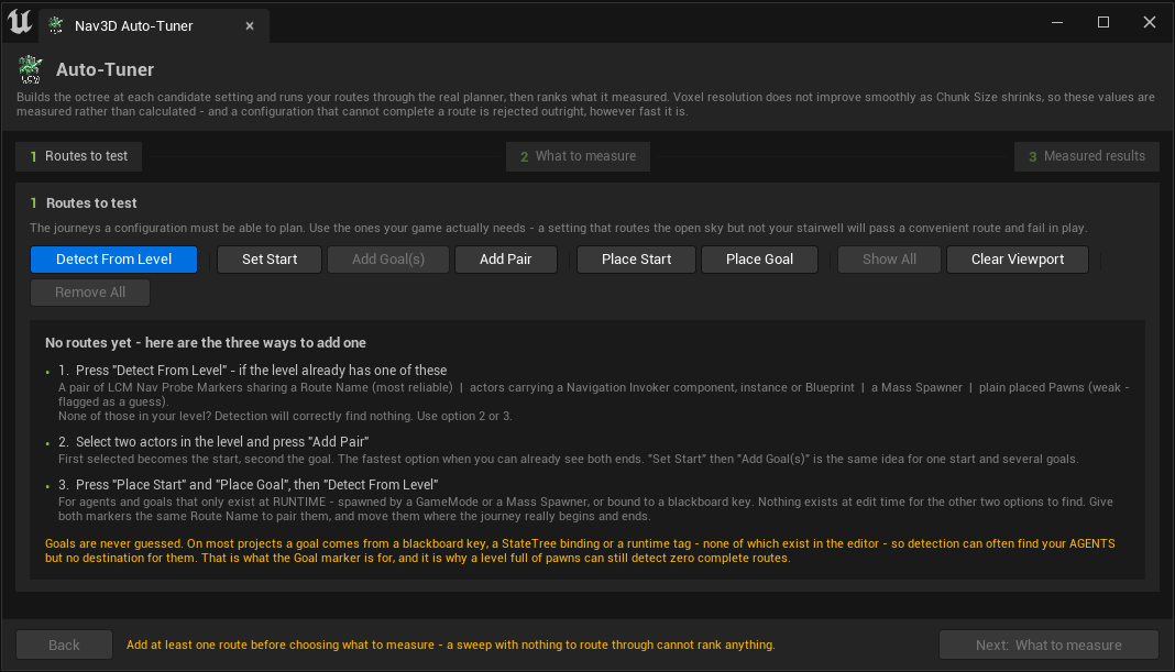 Auto-Tuner step 1 with no routes: the toolbar, and a panel listing the three ways to add one
