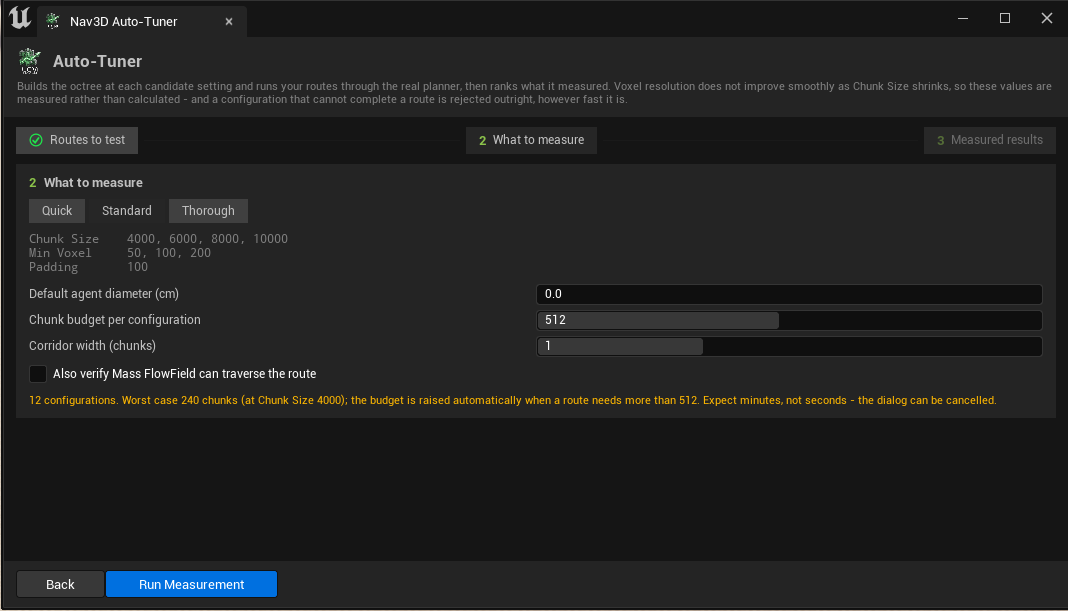 Auto-Tuner step 2: Quick / Standard / Thorough presets, the exact values each will try, and the cost estimate
