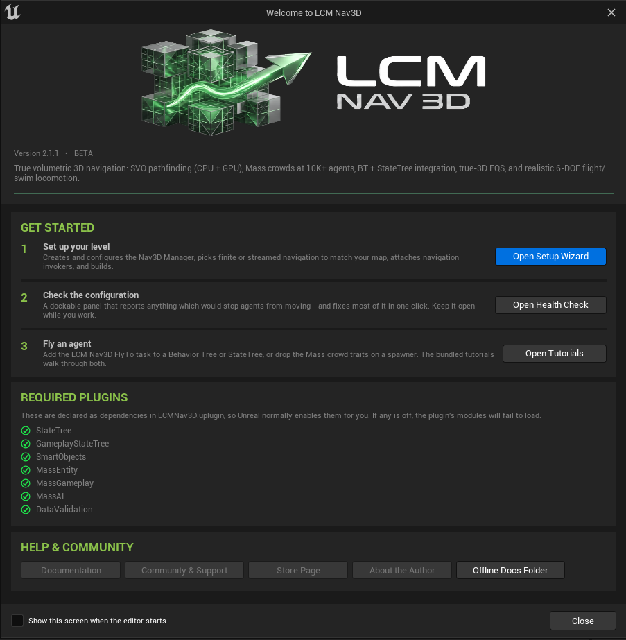 The LCM Nav3D welcome screen